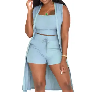 Three-piece Set Women's Solid Ribbed Crop TankTop & Drawstring Waist Shorts & Vest Coat SetElegant Sleeveless Top & High Waist Shorts &Open Front Outerwear,.Summer Outfits Sets, ChicWomenswear, Clothes