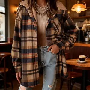 Women's Flannel Plaid Long Sleeve Autumn Button Colour Matching Hooded Jacket