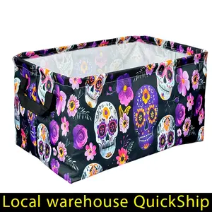 Foldable Laundry Basket with Purple Floral & Skull Design - Durable Oxford Fabric, Open-Top Storage Organizer for Bathroom, Bedroom, or Halloween Decor, Perfect Gift for Home Organization, Laundry Room Accessories, Shelf Baskets