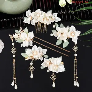 4Pcs Camellia Tassel Hairpins, Rhinestone Pearl Retro Hair Ornaments, Stylish Accessories For Hanfu Wedding And Daily Hair Styling