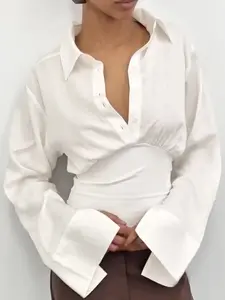 Women's Elegant Long Sleeve Button Front Shirt Blouse, Fitted Waist Design, Spring & Fall Fashion, Moderate Fabric Thickness, Womenswear