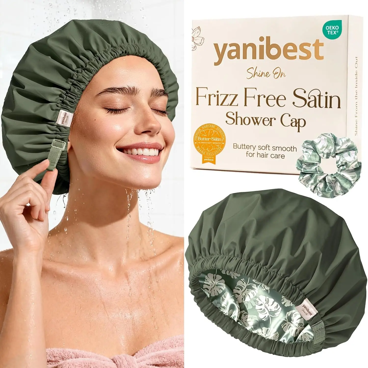 Yanibest Adjustable Satin Lined Shower Caps with Scrunchie | Shower Cap for Women, Reusable Waterproof Cap for Shower Makeup Cleaning, Large Bath Cap, Frizz Free Hair Protection Caps
