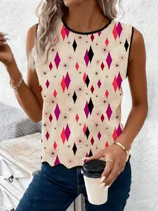 Spring Summer Casual Round Neck Short Sleeve Knit Top, Colorblock Hem, Irregular Bottom, Geometric Rhombus Print, Women's Outerwear