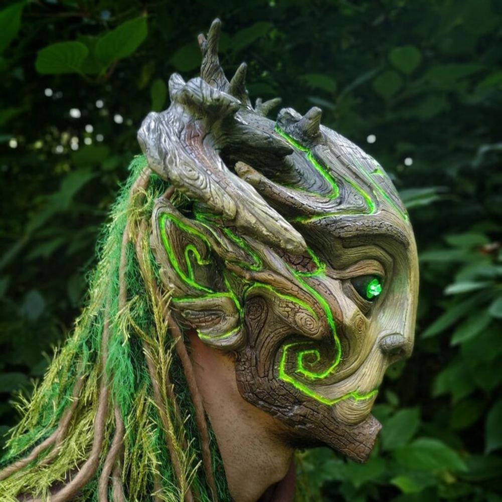 LED Scary Forest Spirit Green Elf Old Man Mask, Realistic Latex Horror Headdress with Creepy Demon Tree Ghost Effect, Halloween Cosplay Costume Party Carnival Prop Adjustable Waist Tightener Clip confetti eggs Golden Handmade Resin Craft Mask for Events