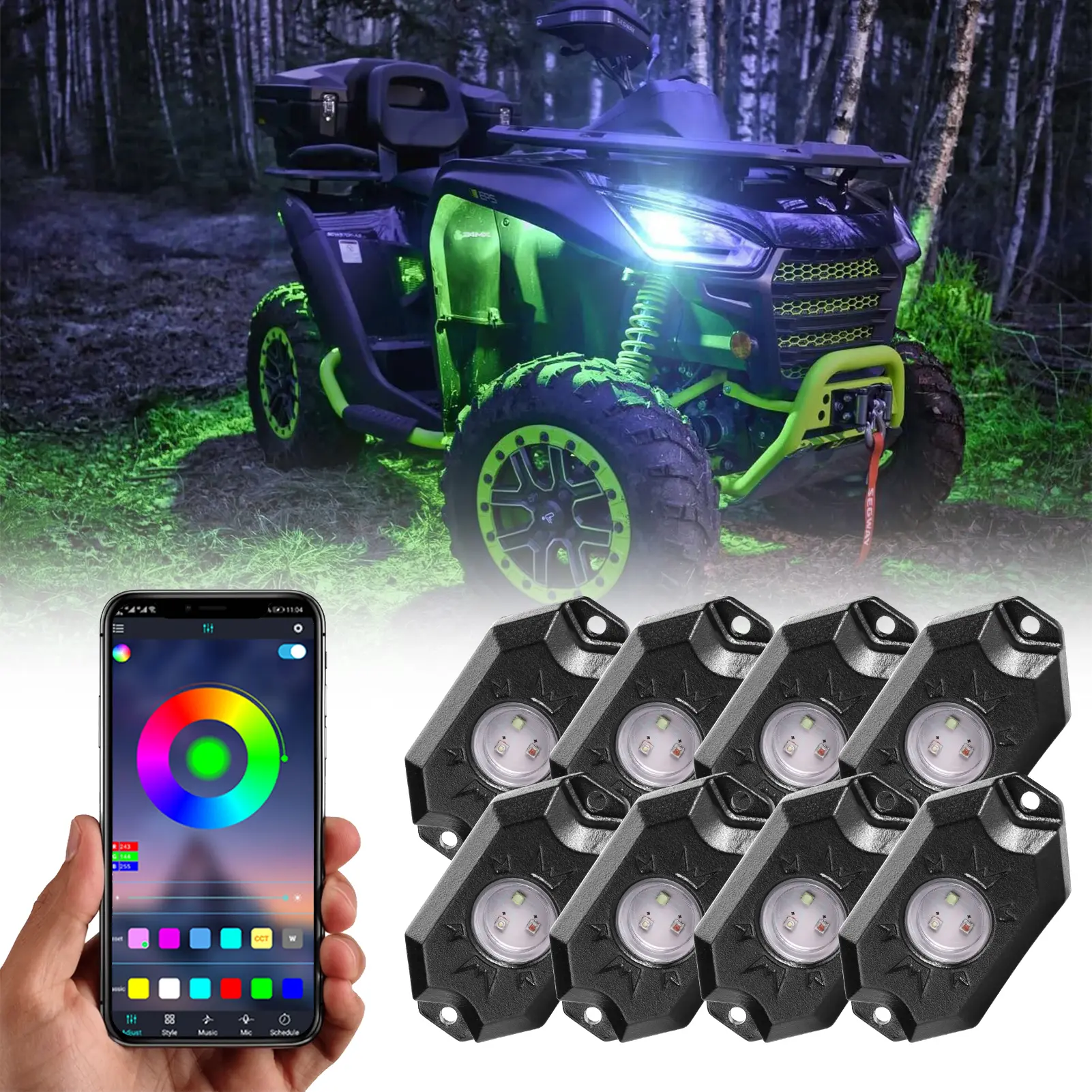 YCHOW-TECH 8-Pod RGB Underglow Neon Rock Kits, Wireless Waterproof APP-Controlled Music-Synced Led Lights Car & Wheel Well Lights for Off Road Vehicles, Pickups, Wheel Lights