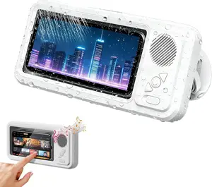 Waterproof Phone Holder with Wireless Bluetooth Speaker - 2-in-1 Shower Phone Mount, 360° Rotation IPX4 Aqua Holder for Bathroom, Pool, Beach, Hands-Free Music (White)