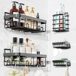 5 Pack, Adhesive Shower Organizer For Bathroom Storage & Home Decor & Kitchen, No Drilling Adhesive Shower Caddy for Bathroom, Black