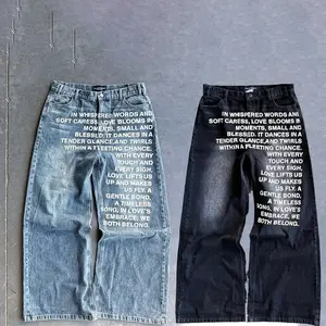 Y2K Vintage Washed Printed Baggy Wide Leg Jeans, Men's High Quality Cotton Denim Trousers with Pockets, Light Dark Wash Loose Straight Streetwear