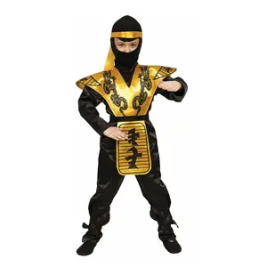 Gold Ninja Costume Dress For Kids - Includes Black Shirt, Pants, Hood, Tunic & Belt - Perfect for Halloween, Role Play , Pretend Play Fun, Theme Party & Cosplay Costume Party