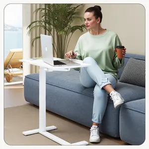 Overbed Table Modern Style Adjustable Height Rolling Bedside Desk with Wheels, Pneumatic Tilting Top Mobile Laptop Stand Side Workstation for Home Bedroom Hospital Use