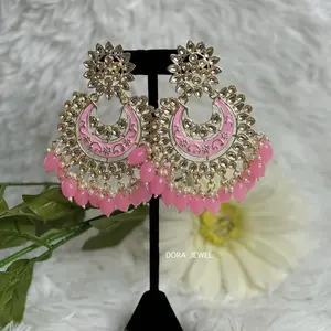 Dora Jewel Kundan Earrings Indian Collection Trending with Meenakari and Beads Pink & Gold Colorful Design for Various Occasions