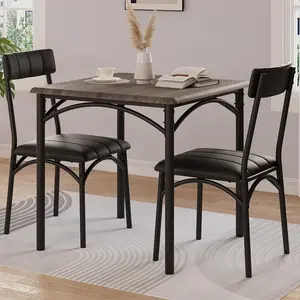 Modern 3-Piece Square Dining Table Set for 2, Ergonomic Retro Gray Kitchen Table with 2 Upholstered Chairs, Space-Saving Indoor Furniture