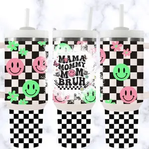 Mama 40oz Checkered Board Tumbler Cup with Smiley Face Design, Stainless Steel, Reusable and Washable