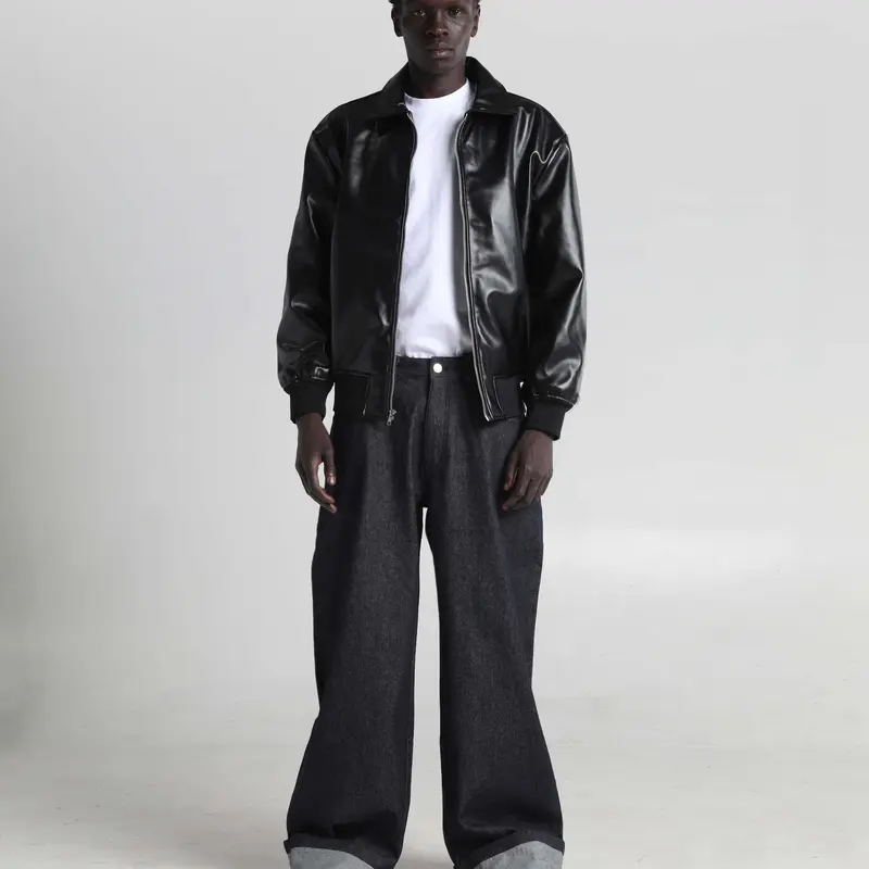 PU Leather Collared Varsity Jacket