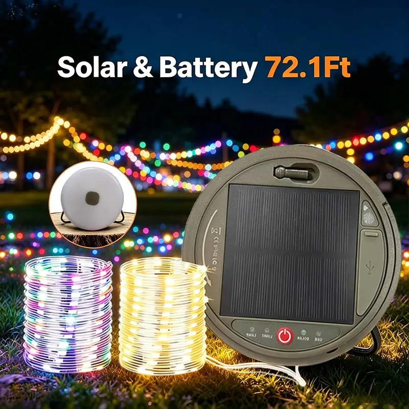 Solar Outdoor LED String Lights - 72.1ft Retractable, 3600mAh Large Capacity Long-Lasting Battery, Super Bright, for Halloween Yard, Festive Decorations & Backyard Events