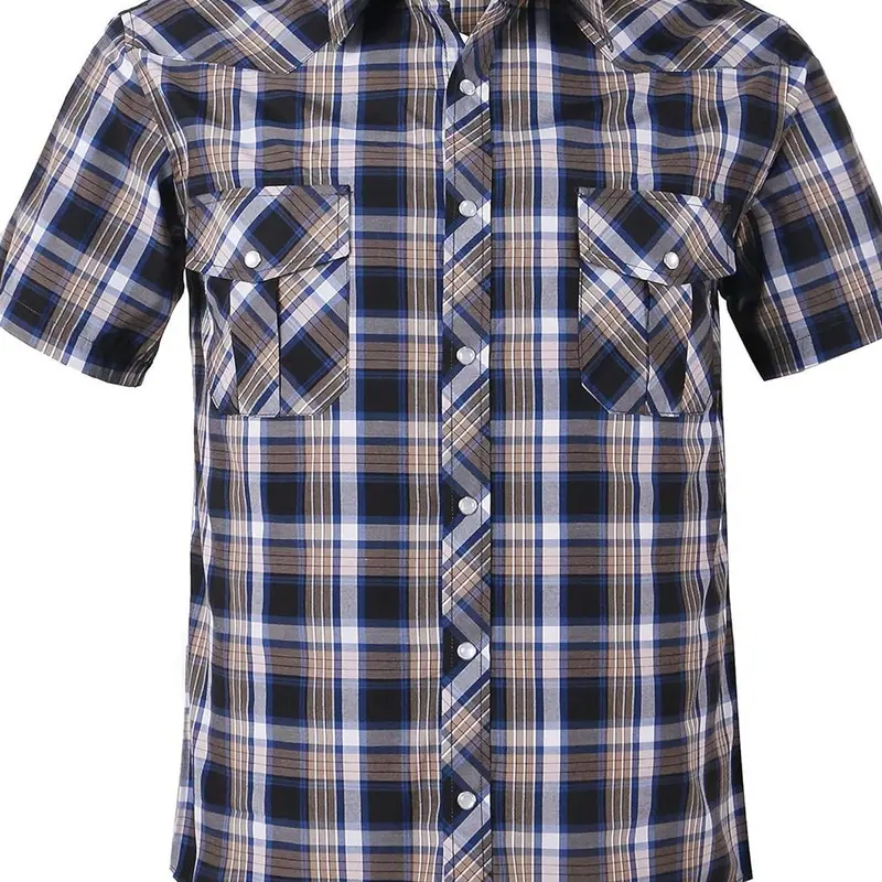 COEVALS CLUB Men's Classic Fitted Collared Neck Cotton Casual Shirt - Western Checked Short-Sleeve Cowboy Top, Durable Polyester-Cotton Blend, Breathable, Pearl Snap Buttons, Summer Vacation Wild West Staple