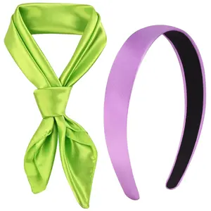 Green Silk Scarf and Purple Satin Headbands Set, Halloween Costume Accessories for Women,Wide Satin Hair Band and Square Neck Scarf for Cosplay and everyday wear