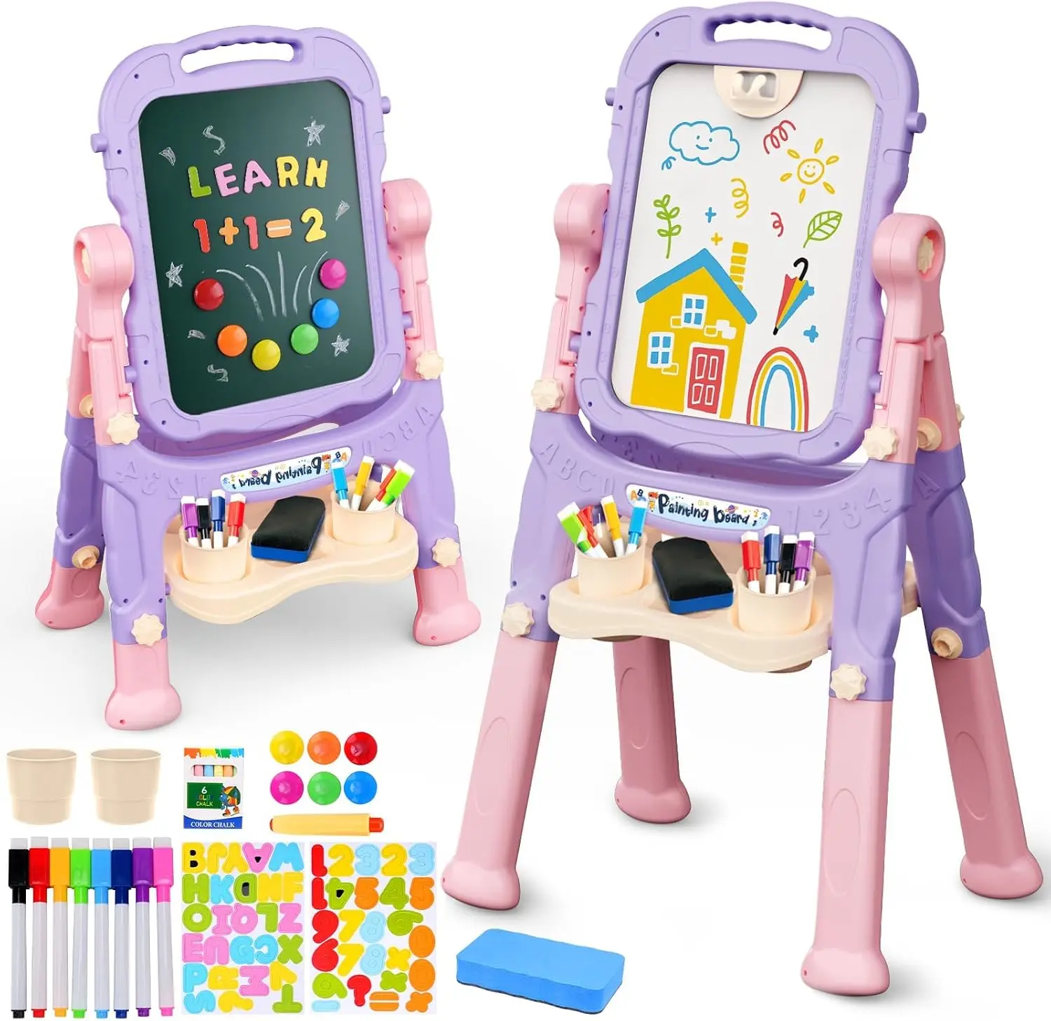 AuntyFey Kids Easel, Double-Sided Magnetic Whiteboard and Chalkboard Art Easel with Letters, Numbers, Markers, Chalk and Erasers, 360-Degree Rotating Adjustable Pink & Purple E