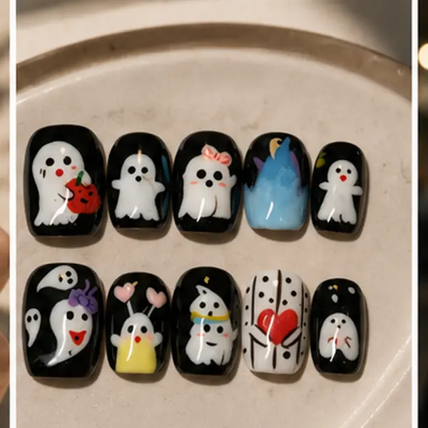 Hand-Painted PMMA Acrylic Press-On Nails, 10-Piece Spooky Cute Ghost & Pumpkin Set, Glossy Black Short Square Nails for Halloween Events & Party Wear