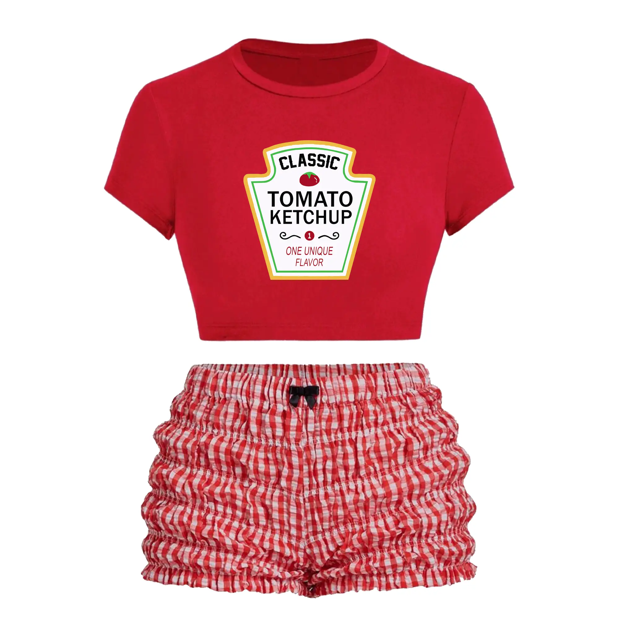 Womens Sexy Ketchup Costume, Last Minute Easy Halloween Costume Idea Women and Teens, Red Crop Ketchup Shirt Red Checkered Ruffle Bloomers Mini Shorts, Dress Up Idea Funny Condiment Set