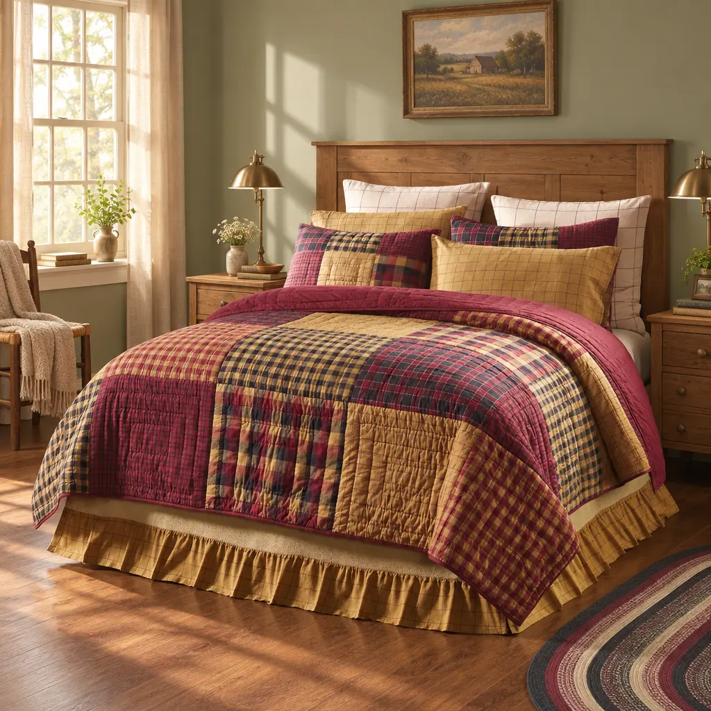 Correll Burgundy & Natural Quilted Quilt - Hand-Quilted Cotton Shell, Geometric Patchwork Blocks, Machine Washable, Multi-Size Bedding (Twin/Queen/California-Luxury King), Country Black Accents