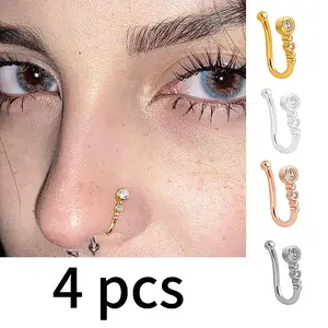 4pcs Nose Rings Simple Fashionable Copper Inlaid Zirconium U-shaped No-drill Nose Ring Clip Nail Girl Creative Gift Spiral Bridge Jewelry