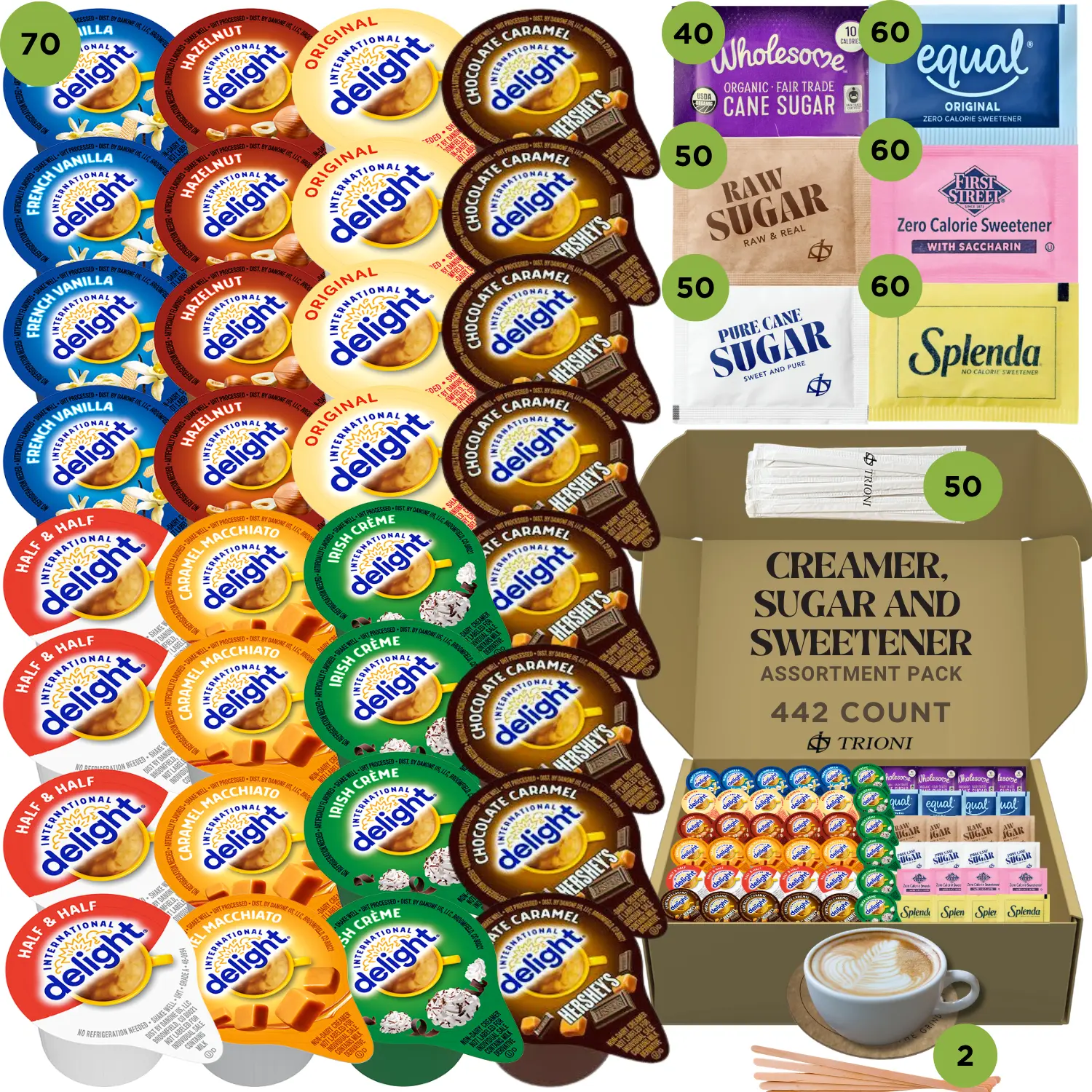 International Delight Coffee Creamer Singles Variety Pack - Hersheys Chocolate, Irish Creme, and 5 More Assorted Non Dairy Flavored Pods with Stirrers & Coasters