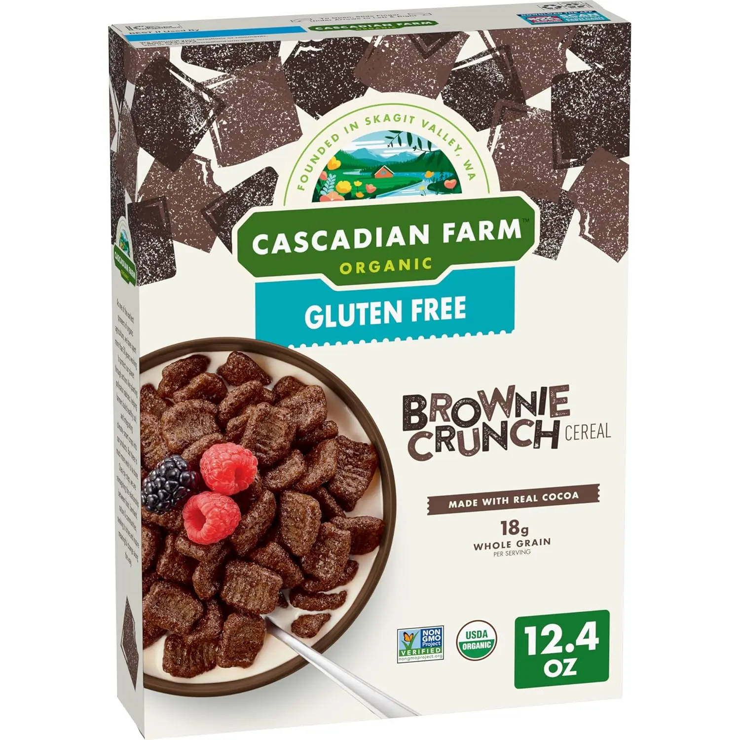 Cascadian Farm Organic Chocolate Brownie Crunch Breakfast Cereal - Gluten-Free, Plant-Based, Real Cocoa, Whole Grain, 12.4 oz, Snack Option, Milk-Pairable, 24-Month Shelf Life, Chilled Storage Recommended, Yes, 24 Months, 36 Months Above