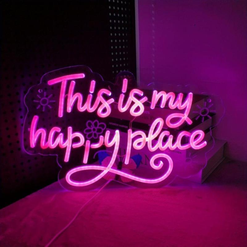 This is my happy place pink neon sign usb powered dimmable LED light sign, dimmable switch, birthday, christmas, thanksgiving, new year, housewarming gifts, family gathering, bar, game room, man cave, bedroom wall decoration
