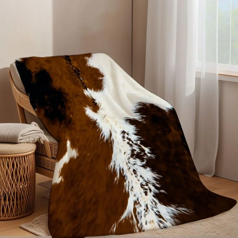 Brown Cowhide Blanket, Western Cow Print Throw Blanket with Rustic Farmhouse Style, Cozy Fleece Blanket for Couch Sofa Bed Bedroom Decor, Ranch Home Decor Gift for Cowgirl and Country Lovers