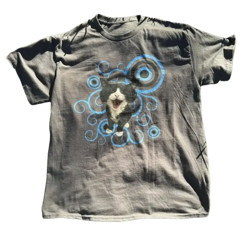 Happy Cat Swirls Graphic Tee - Cute Aesthetic & Playful Vibe T-Shirt, Y2k Shirt, Y2k Fashion, Vintage T-Shirt, Gift For Men & Women, Unisex Cotton Crewneck T-Shirt Menswear Womenswear Streetwear Top