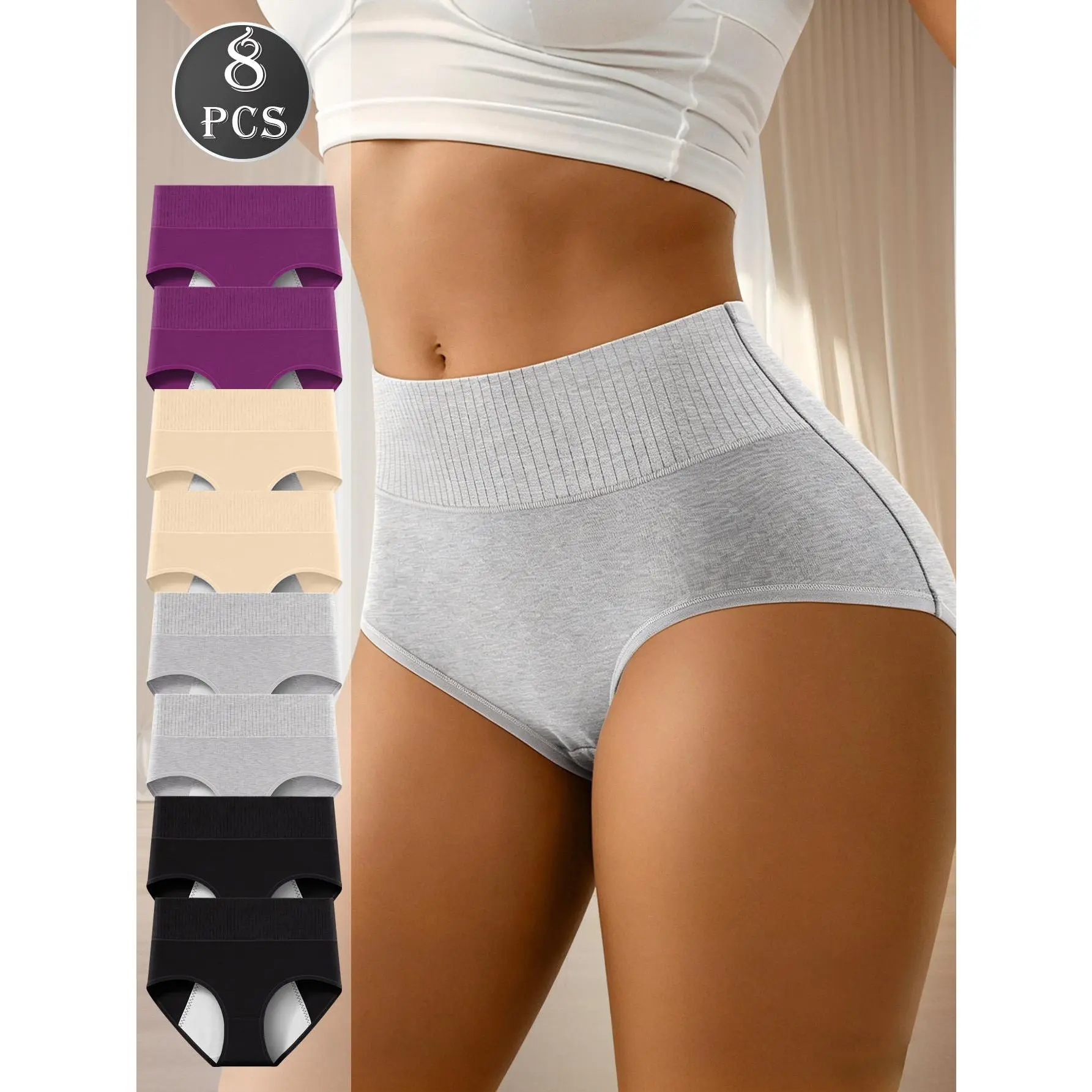 QUASTI 8 Pack Mid Waist Cotton Period Panties for Women, Skin-friendly Anti Leakproof Underwear, Minimalist Solid Color Menstrual Briefs with Super Absorbent, S-XXL, Fit, 8 Pcs/ 4 Mix Colors