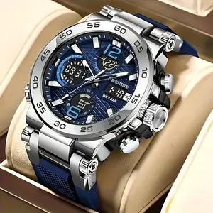 Late-Year Gift Pick Men's Dual-Display Sports Watch 5BAR Water-Resistant Stainless Steel Analog Digital Right Time Watch for Fall Winter Gatherings