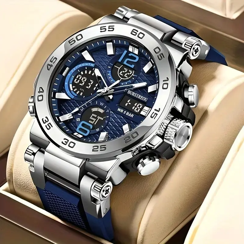 Late-Year Gift Pick Men's Dual-Display Sports Watch 5BAR Water-Resistant Stainless Steel Analog Digital Right Time Watch for Fall Winter Gatherings