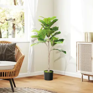 43" Artificial Fiddle Leaf Fig Tree – Potted Plant with Flocked Soil. 28 PEVA Leaves, Flexible Wire Stems. No Watering or Trimming. Perfect for Home or Office Decor