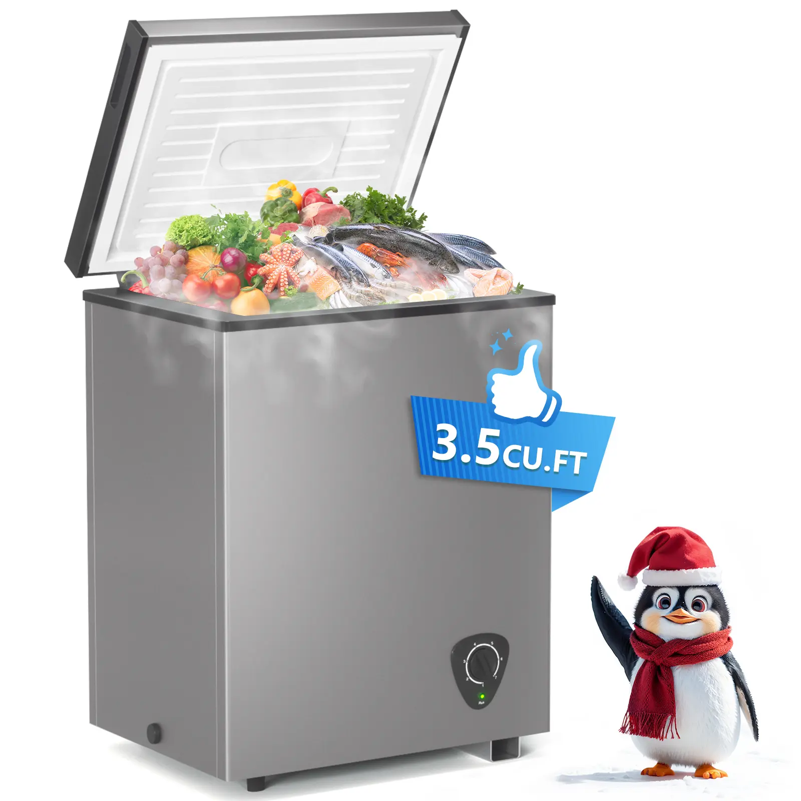 Chest Freezer, 3.5 Cubic Feet Small Deep Freezer Mini Freezer Freestanding Top Open Door Freezer with Removable Basket, 7 Temperature Control Energy Saving for Kitchen Office Home，Grey