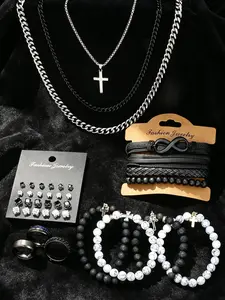 39-Piece Stainless Steel Fashion Jewelry Set, Hip Hop Punk Retro Cross Ring Necklace Bracelet, Geometric Zircon Couple Accessories, Birthday Gift
