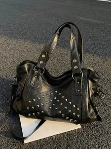 Personalized retro exquisite fashion tote bag, rivet decoration design, functional style texture large capacity shoulder bag, can accommodate personal items, suitable for short distance travel, dating, shopping, Casual Shoulder Bag, Casual Commuter Bag