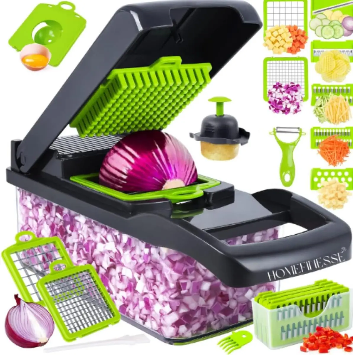 Vegetable Chopper, 14-in-1 Multifunctional Food Chopper, 8 Blades Vegetable Slicer, Onion Chopper Vegetable Cutter & Adjustable Veggie Slicer, Potato Dicer Chopper, Container for Salad Garlic | Grey