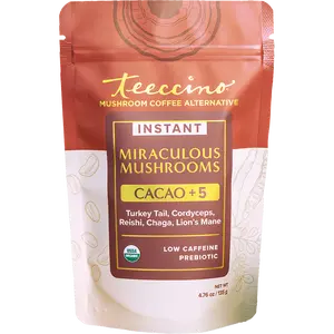 Teeccino Miraculous Mushrooms Cacao +5 Instant Organic Mushroom Coffee Alternative with 5 Potent Adaptogens & Organic Peruvian Cacao 4.76 oz