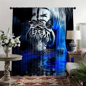 2pcs Stylish Tiger & Floral Print All-Season Polyester Curtains - Rod Pocket Design (No Rod Included), Machine Washable for Small Windows, Cafe, Kitchen, Bathroom, Kitchen Window Decor | Natureinspired Decor | Vivid Color Quality, Curtains for Living Room