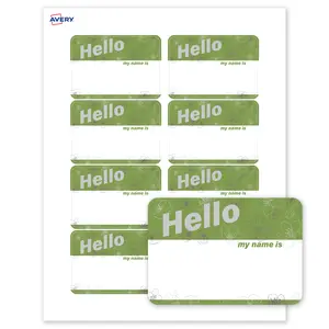 Avery Printable Adhesive Name Tags, 2-1/3" x 3-3/8", Matte White, Pre-printed Green & Metallic Silver Hello My Name Is Design, Laser & Inkjet Compatible, 160 Total