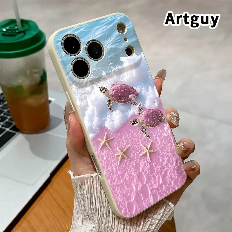 Pink Turtle Shore Pattern Straight-Edge Silicone Phone Case for iPhone 17,16 Pro Max,15 Plus,14,13,12,11,Air,XR,X,XS Plus - Shockproof, Full Camera Protection, Durable Slim Casing for Smartphone, Handheld Cellphone Devices, Accessories