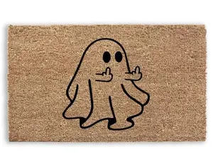 Funny Middle Finger Ghost Halloween Doormat with Pumpkin Design for Spooky Season Decor