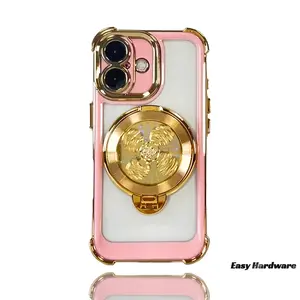 Easy Hardware Spinner Magic Stand Phone Cases for IP 16 Pro Max 15 Plus 14 13 12 11 Back Shockproof with Full Camera Lens Protection Rugged Durable Anti-Yellowing Bumper Soft TPU Rotated Ring Kickstand Gift for Girls Women - Protective