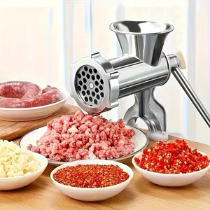 Heavy Duty Manual Meat Mincer with Sausage Filler, Stainless steel construction, hand crank operation, Plate system for homemade sausages, meat, vegetables, No electricity required, Ideal for home kitchens, Meat Mincer Machine Home Kitchen Meat Vegetables