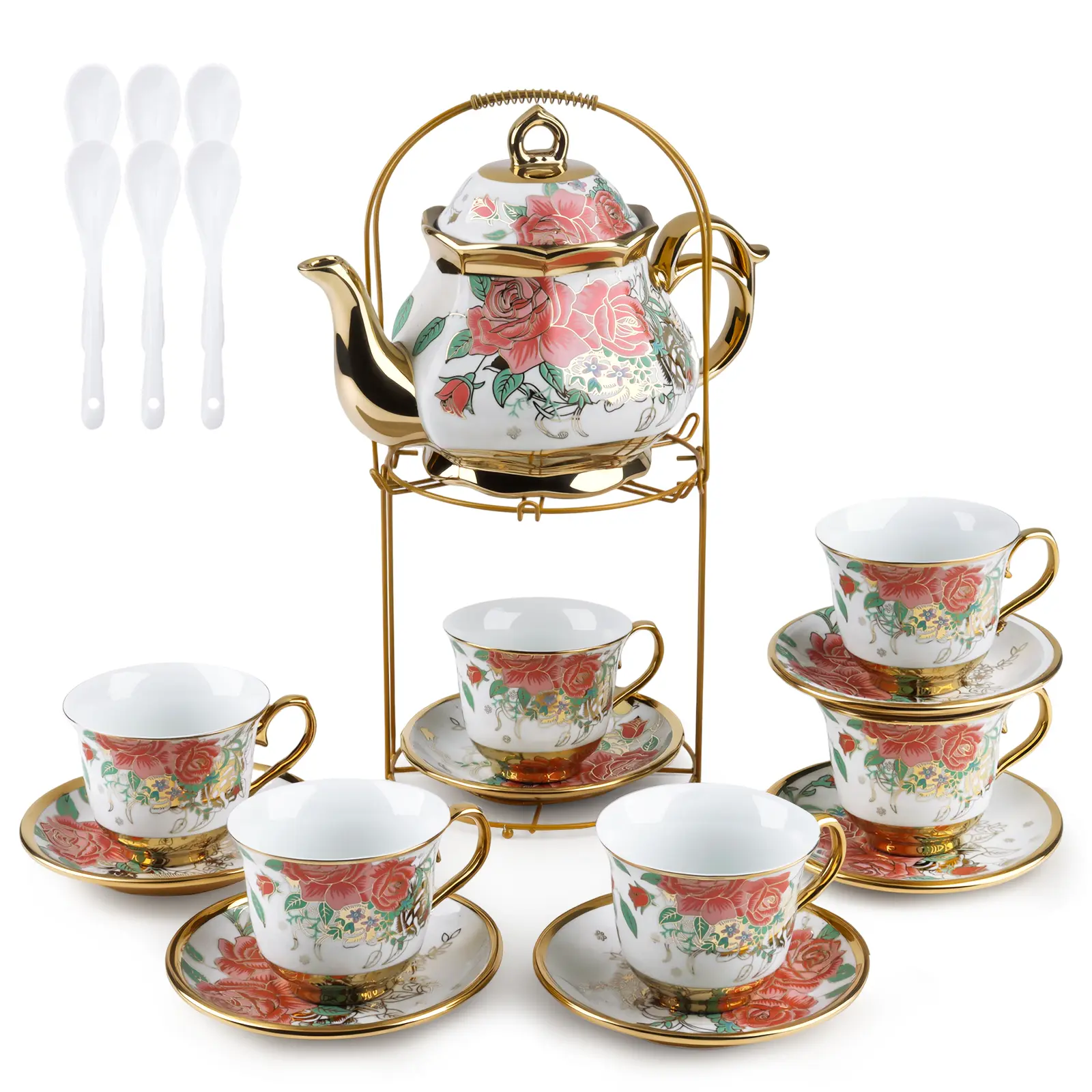 Romantic Printed 20-Piece Red Rose Ceramic Coffee Set - Large Double-Handle Coffee Pot, 6 Porcelain Spoons, 6 Cups & Saucers, Floral Teapot for Home, Gift