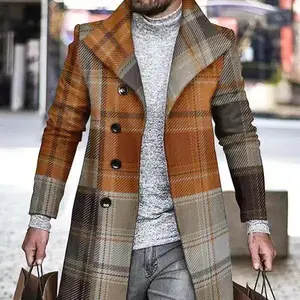 Spring 3D Digital Print Men's Woolen Plaid Coat with Turn-down Collar Men's Woolen Jacket Men's Clothing