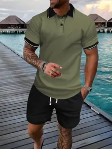 Men's Colorblock Short Sleeve Polo Shirt & Drawstring Shorts Set, Fashion Regular Fit Collared Top & Elastic Waist Track Shorts, Tropical Summer Outfits 2024, Men Two-Piece Outfits For Summer, Menswear, Clothes