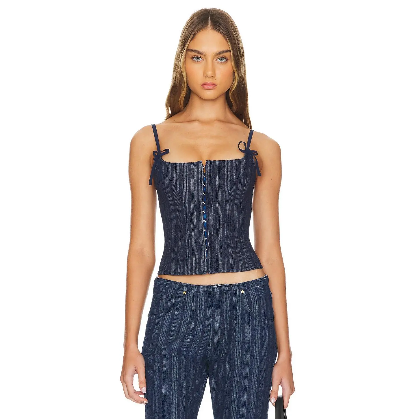 LIONESS Charismatic Denim Corset in Dark Pinstripe Dark Denim